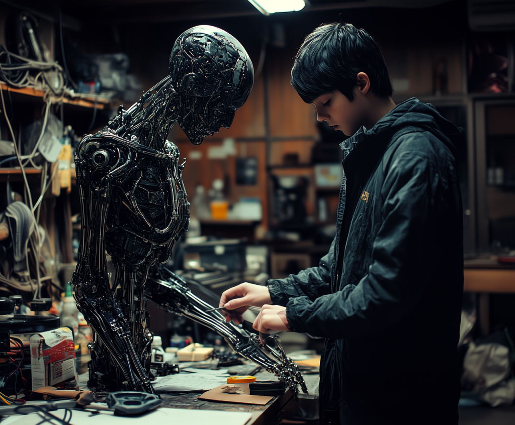 ai generated, robotics, robot, android, sci-fi, machine, cybernetics, child, boy, kid, childhood, automaton, toy, genius, nerd, clever, smart, intelligence, engineering, mechanical, electronics